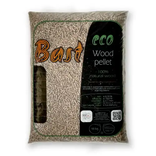 Bast-eco pelety Borovicové pelety EN PLUS A1 tmavé BAST-ECO – certifikované pelety do kotle 15kg