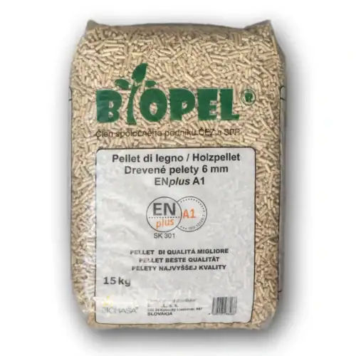 Biopel Smrkové pelety EN PLUS A1 světlé Biopel – certifikované pelety do kotle 15kg