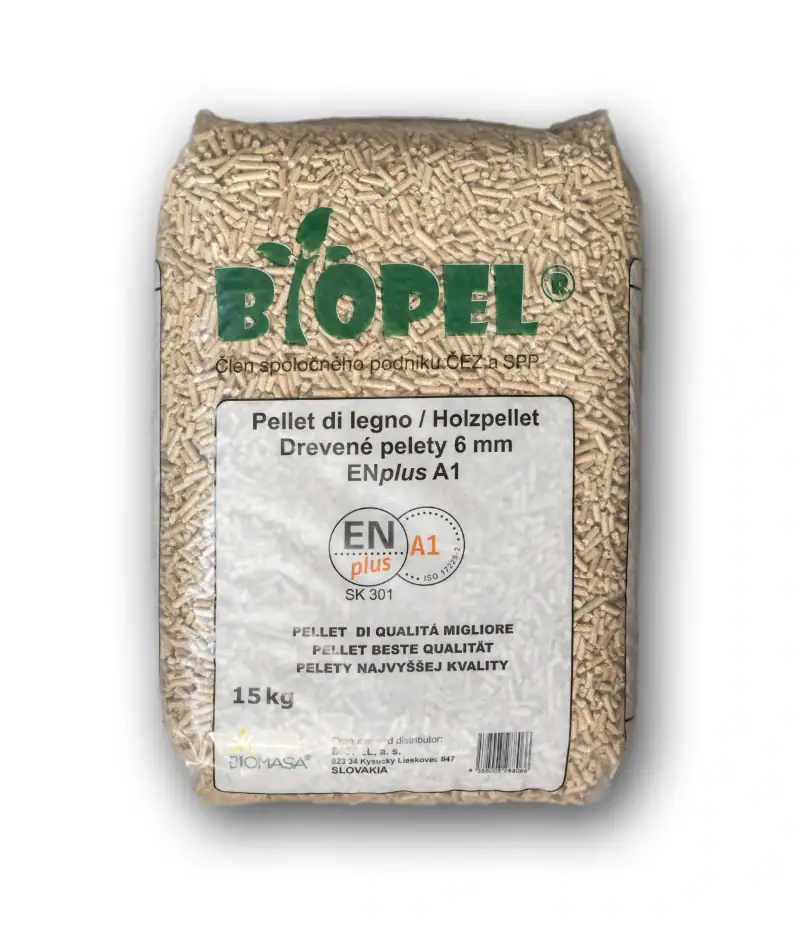Smrkové pelety EN PLUS A1 světlé Biopel – certifikované pelety do kotle 15kg