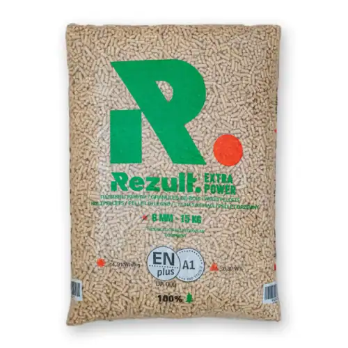 Rezult-15kg-pelety Borovicové pelety EN PLUS A1 světlé Rezult – certifikované pelety do kotle 15kg