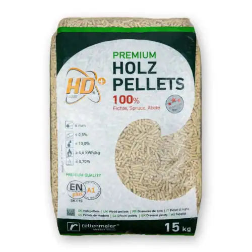 smrekové pelety rettenmeier Smrkové pelety EN PLUS A1 světlé Rettenmeier HD+ – certifikované pelety 15kg