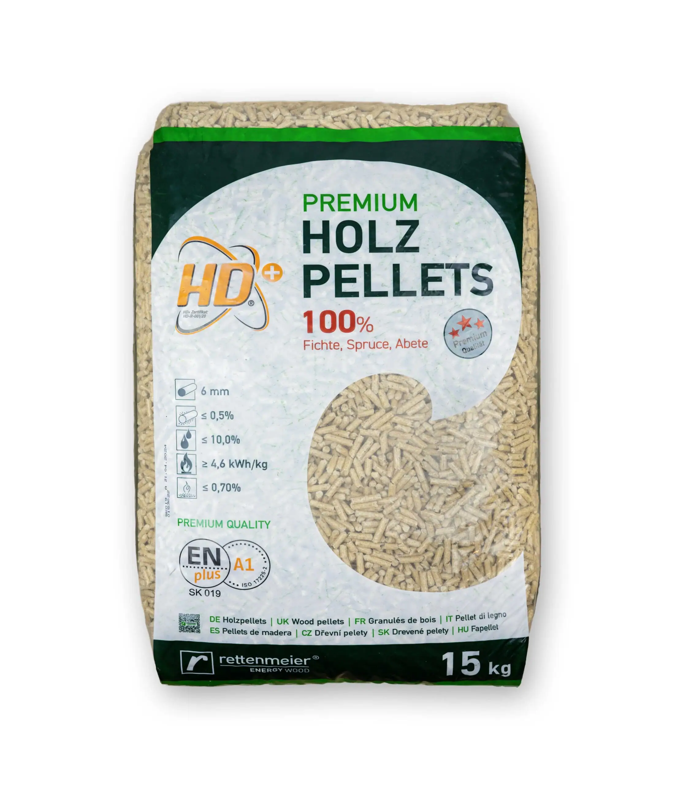 Smrkové pelety EN PLUS A1 světlé Rettenmeier HD+ – certifikované pelety 15kg